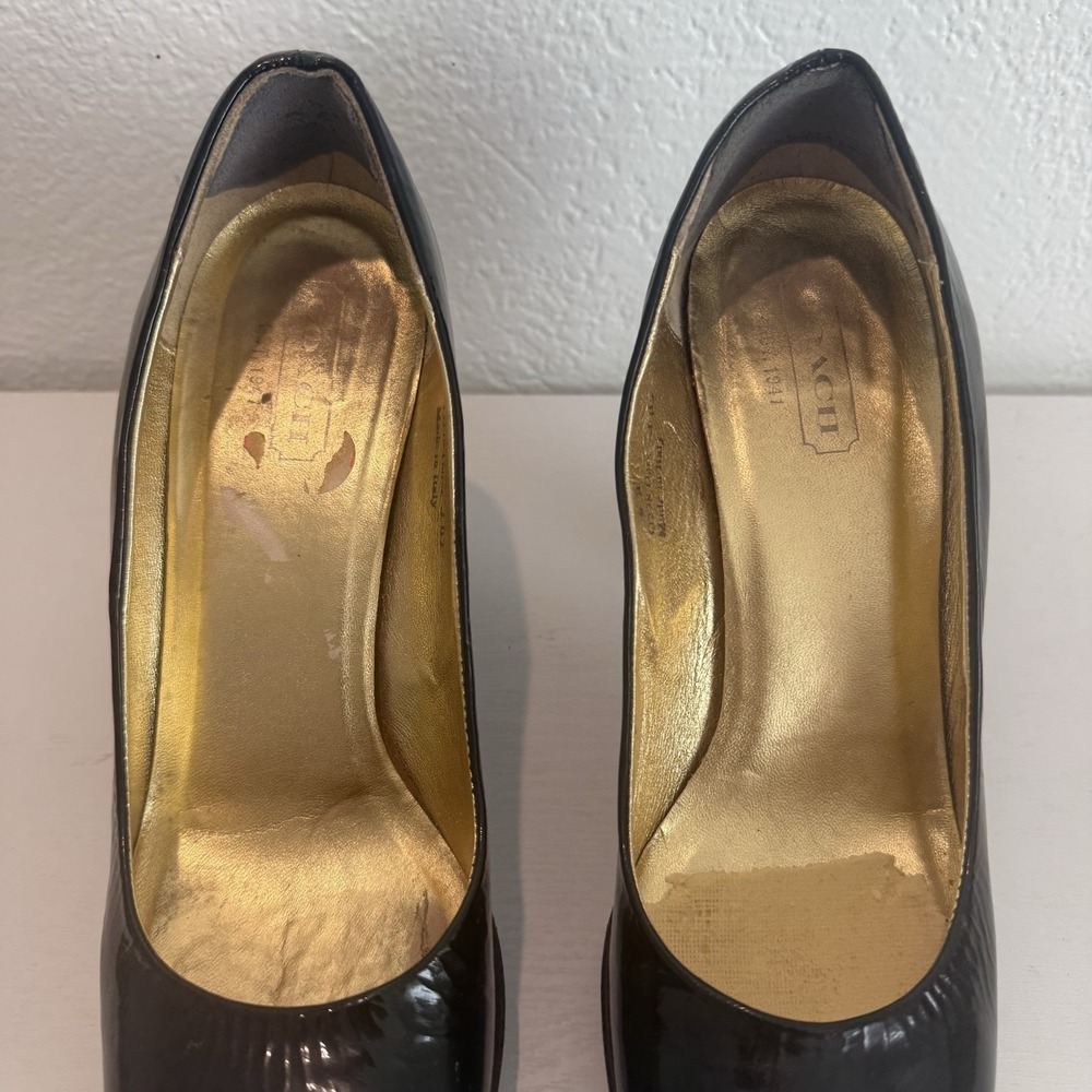 Vintage Coach Womens Pump Size 9 Black Patent Block Heel Platform Shoe Mob Wife - Picture 8 of 13